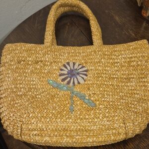 Woven Straw Tote Bag with Floral Design